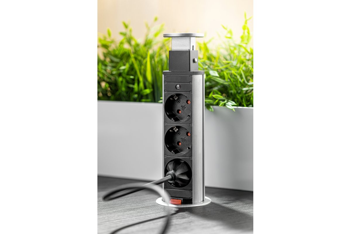 Изображение AE-BPW3S60-80  Блок розеток выдвижной 3 розетки (SCHUKO®), серый - завод GTV