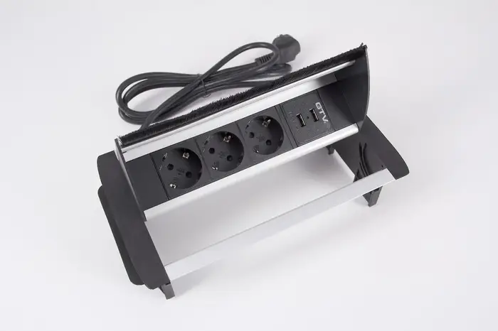 Изображение AE-PBC3GS2U-53BKS  Блок розеток настольный 3 розетки (SCHUKO®) 2xUSB без нижнего корпуса, со щёткой, алюминий - завод GTV